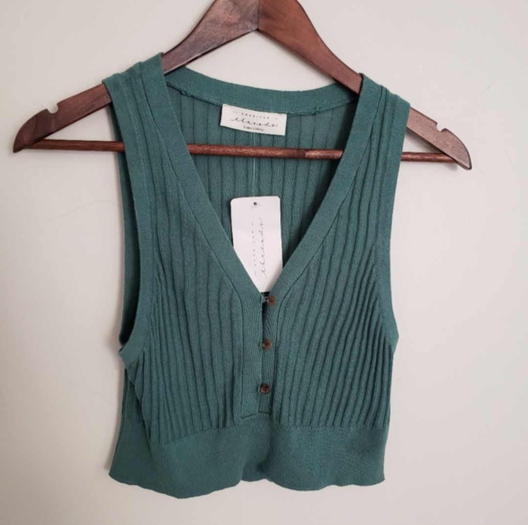 American Threads Teal Ribbed, Knitted Button-Front Crop Top Size XS/S