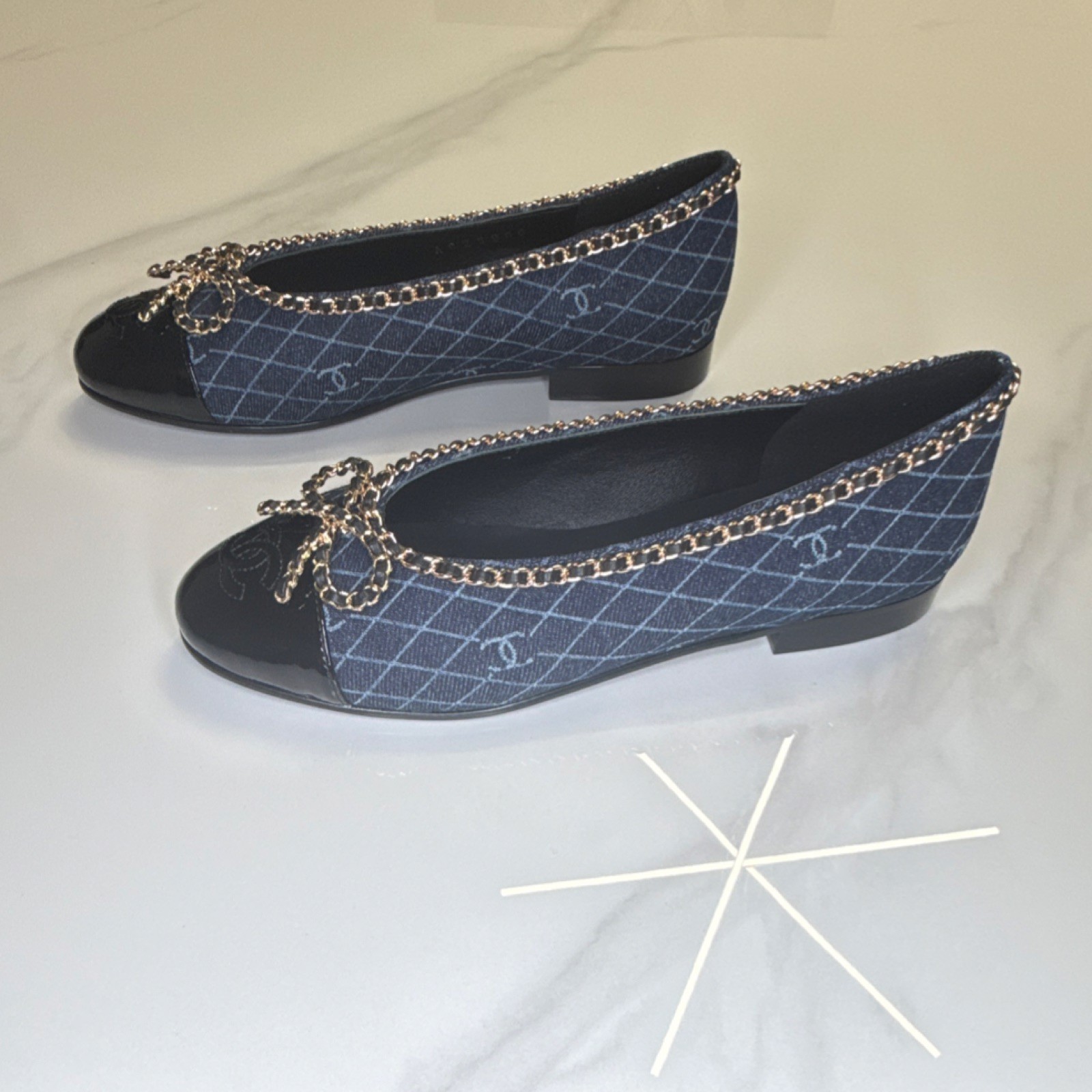 CHANEL Blue Denim Quilted Chain Bow Accent Ballet Flats for Women