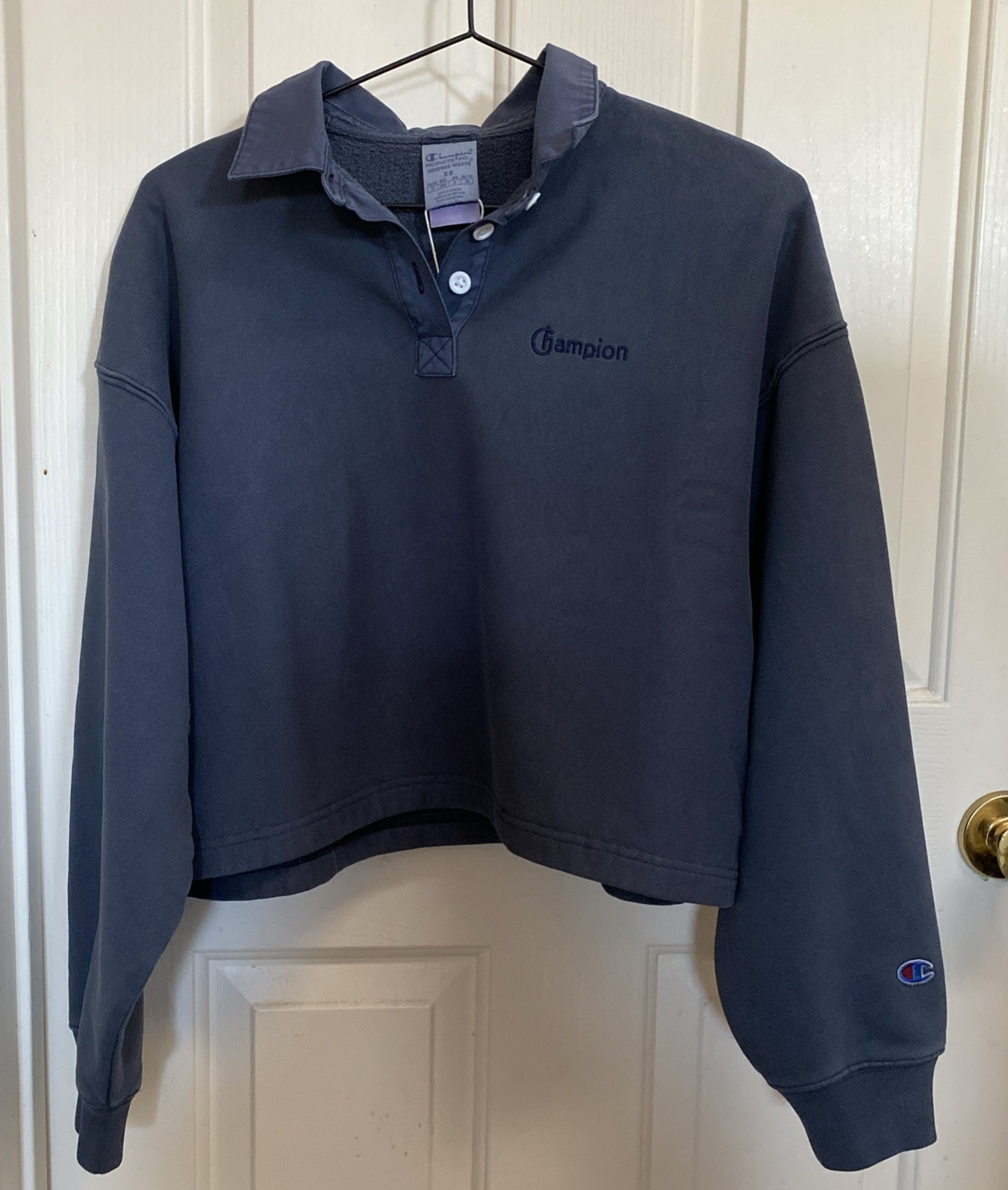 CHAMPION Blue Collared Crop Top Polo Shirt Long Sleeve Preppy Oversized size XS