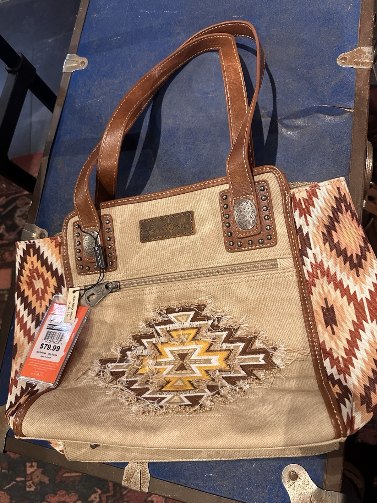 Montana West Western Aztec Geometric Tote Bag Zip Top Studded Pockets