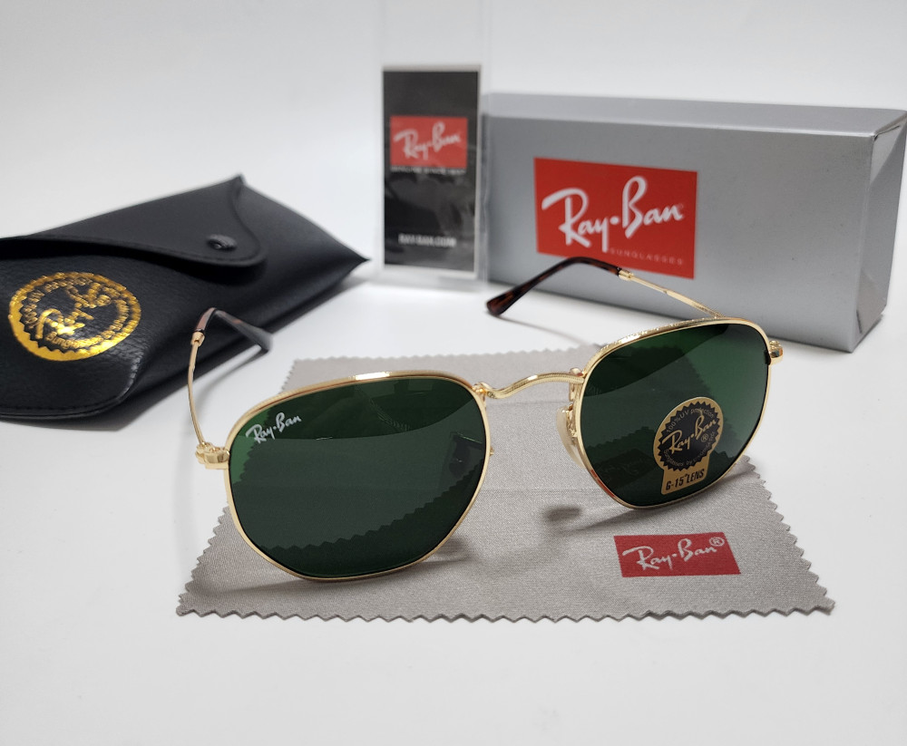 Ray-Ban RB3548N Hexagonal Sunglasses Gold Frame Glass Green Lens 51 mm