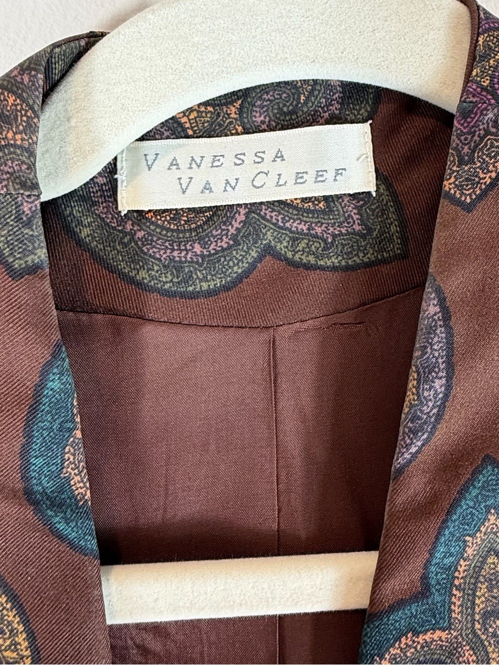 Vanessa Van Cleef 100% Silk Brown Patterned Tunic Jacket Size 8