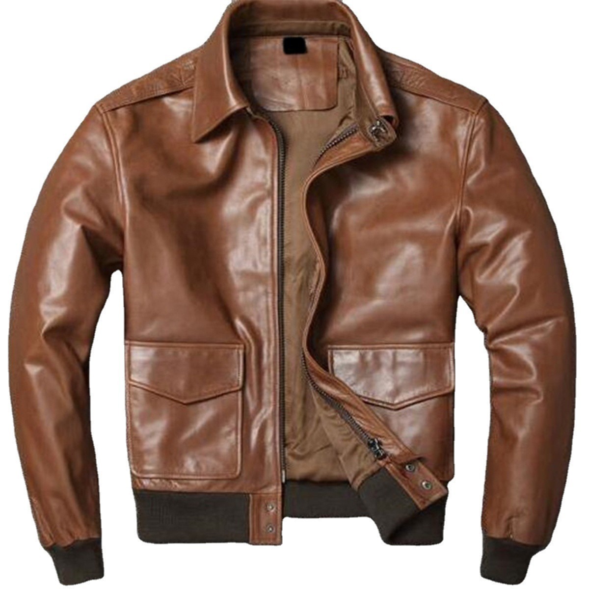 Men’s Brown Leather Jacket Bomber Coat Zip Front Ribbed Cuffs Pockets Jacket