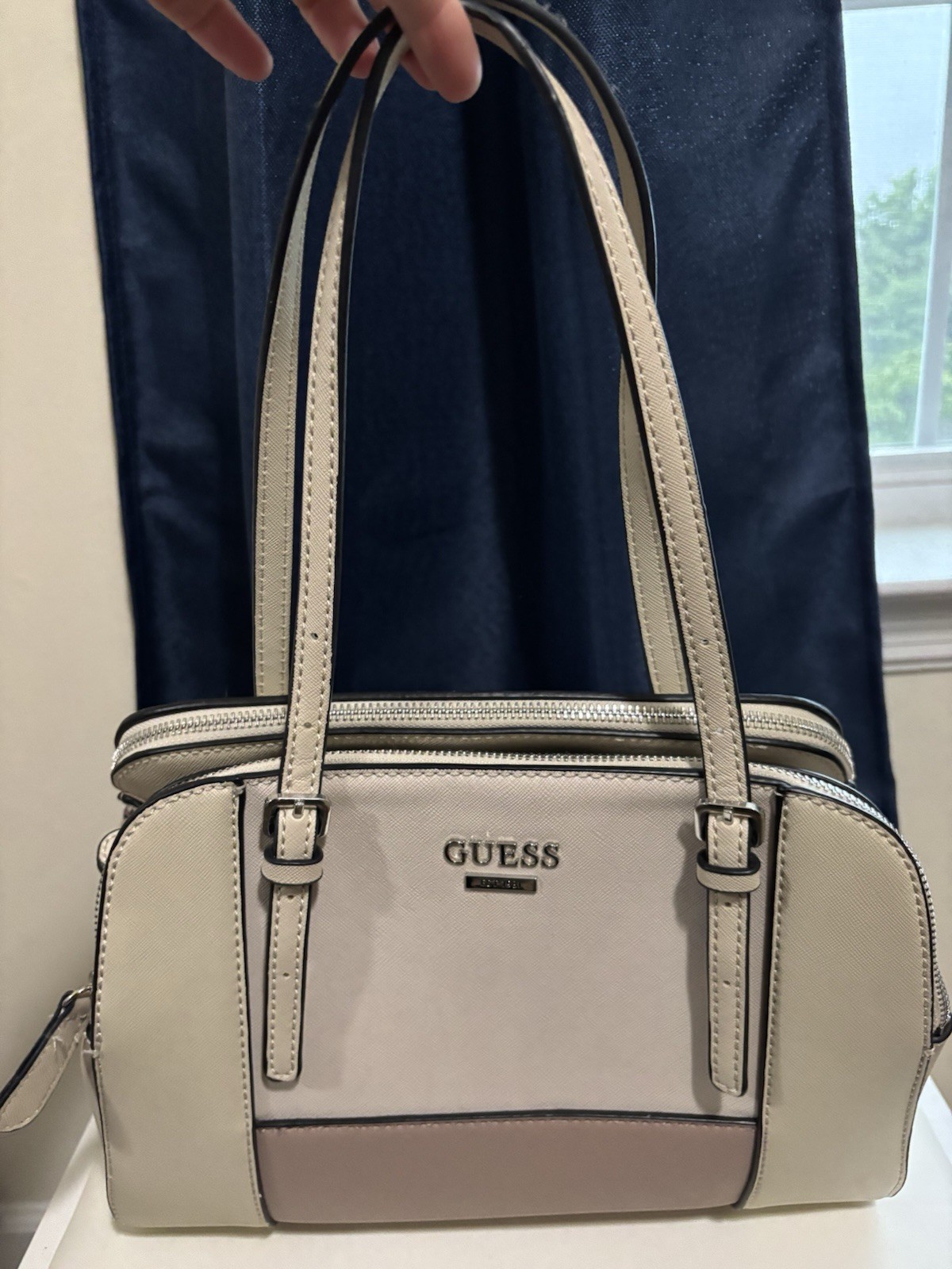 GUESS Beige Double Zip Satchel Top Handle Bag w/ Detachable Strap, Pockets