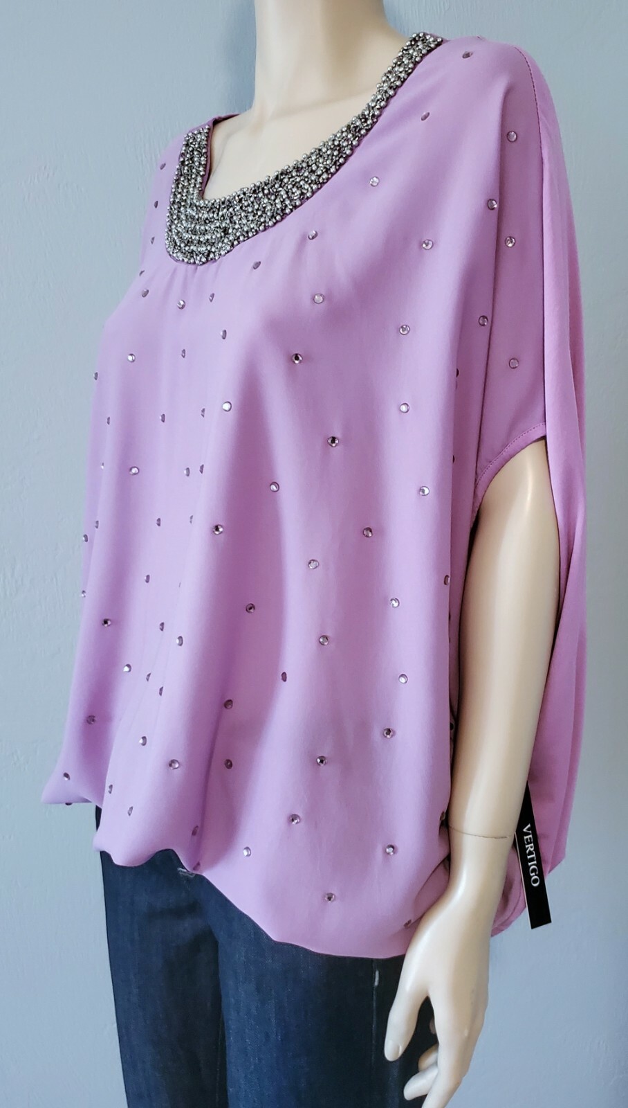 Vertigo Glam Beaded Rhinestone Dolman Sleeve Blouse Purple Party Top XL NWT $140