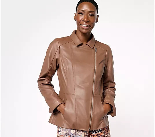 Denim & Co. Lamb Leather Moto Jacket with Pockets-Chestnut Brown-Small A612795