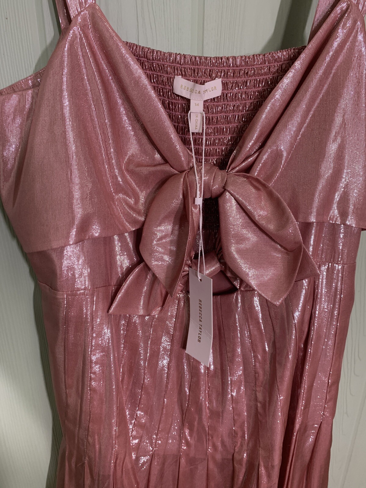 Rebecca Taylor Chiffon Bow Tie Metallic Shimmer Pink Pleated Midi Dress 14