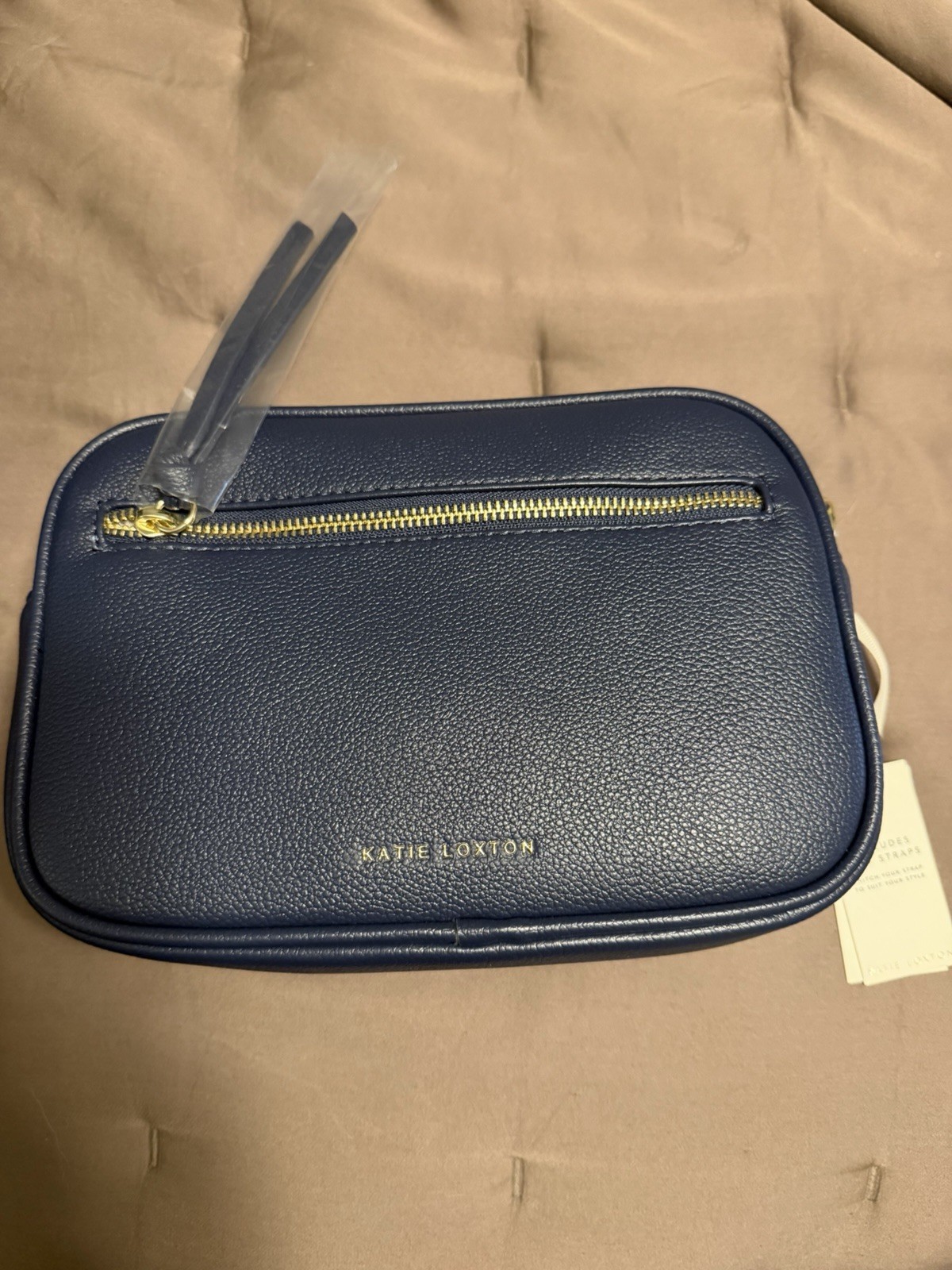 Katie Loxton Navy Pebbled Small Crossbody Bag Gold Hardware Zip Closure