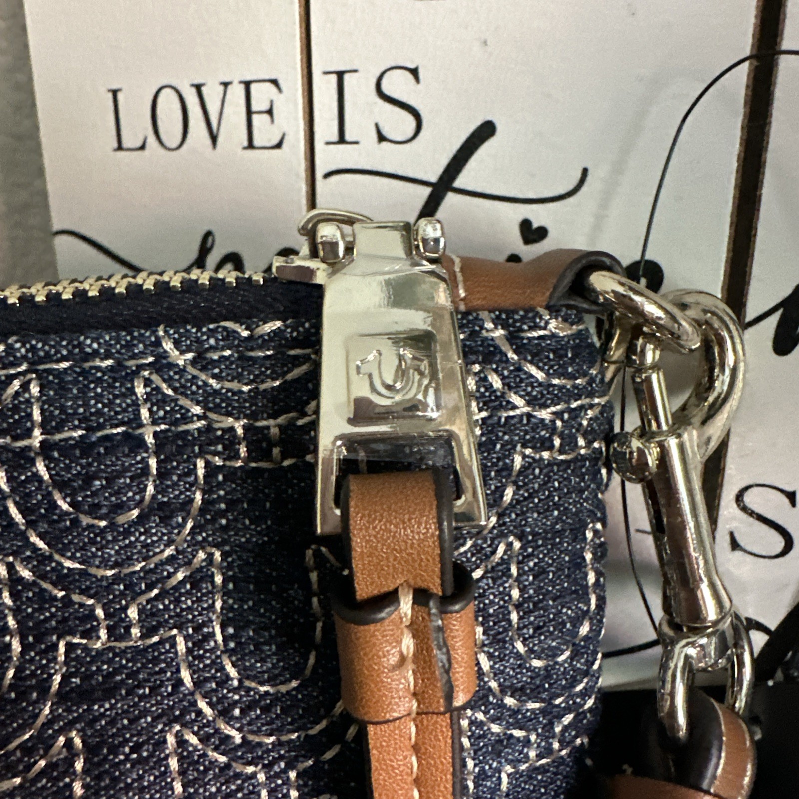 NWT True Religion Logo Horseshoe Stitched Dark Denim Wristlet Gold Hardware $48