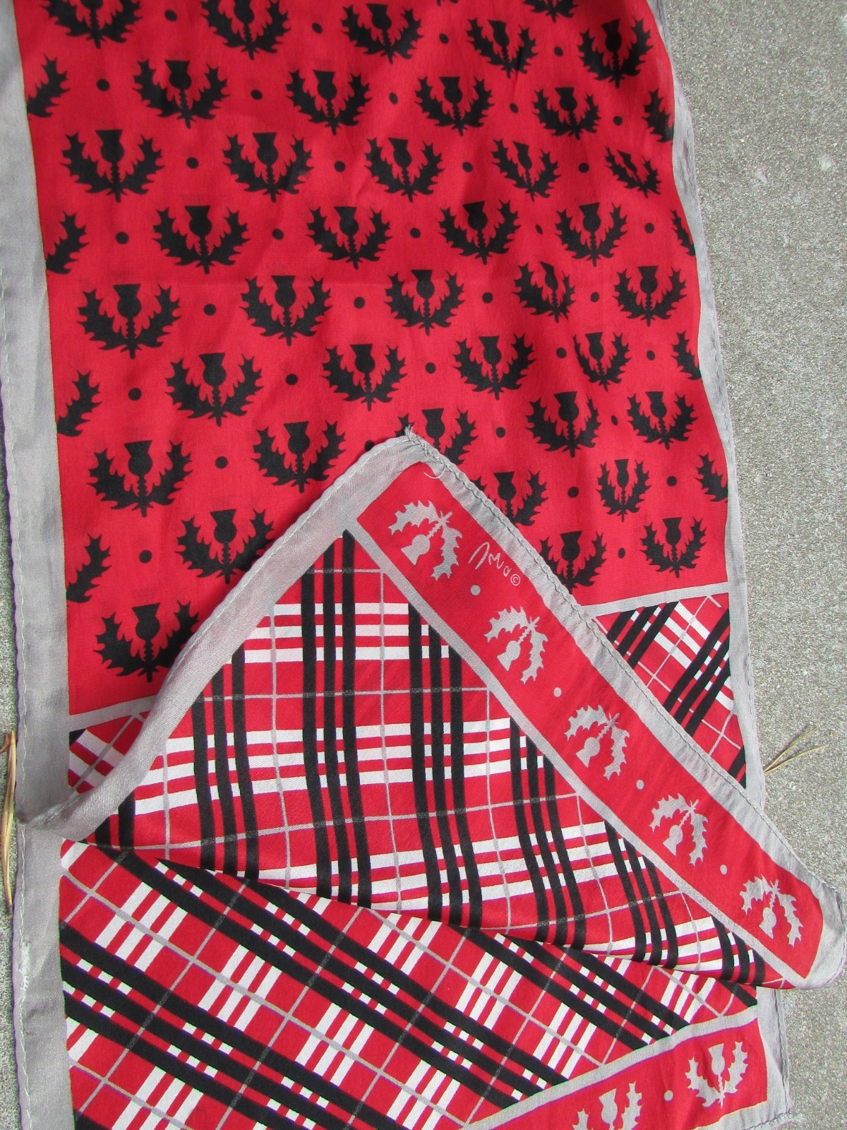 Vintage VERA Gray Red Black Plaid Rectangle 100% Silk Fashion Scarf 10″ x 52″