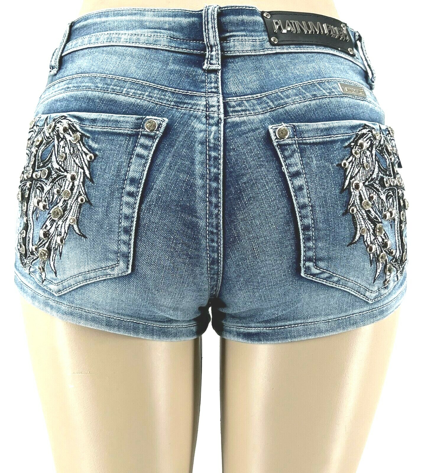 PLATINUM PLUSH LADIES LEATHER CROSS & WING RHINESTONE DENIM SHORTS STYLE #4546