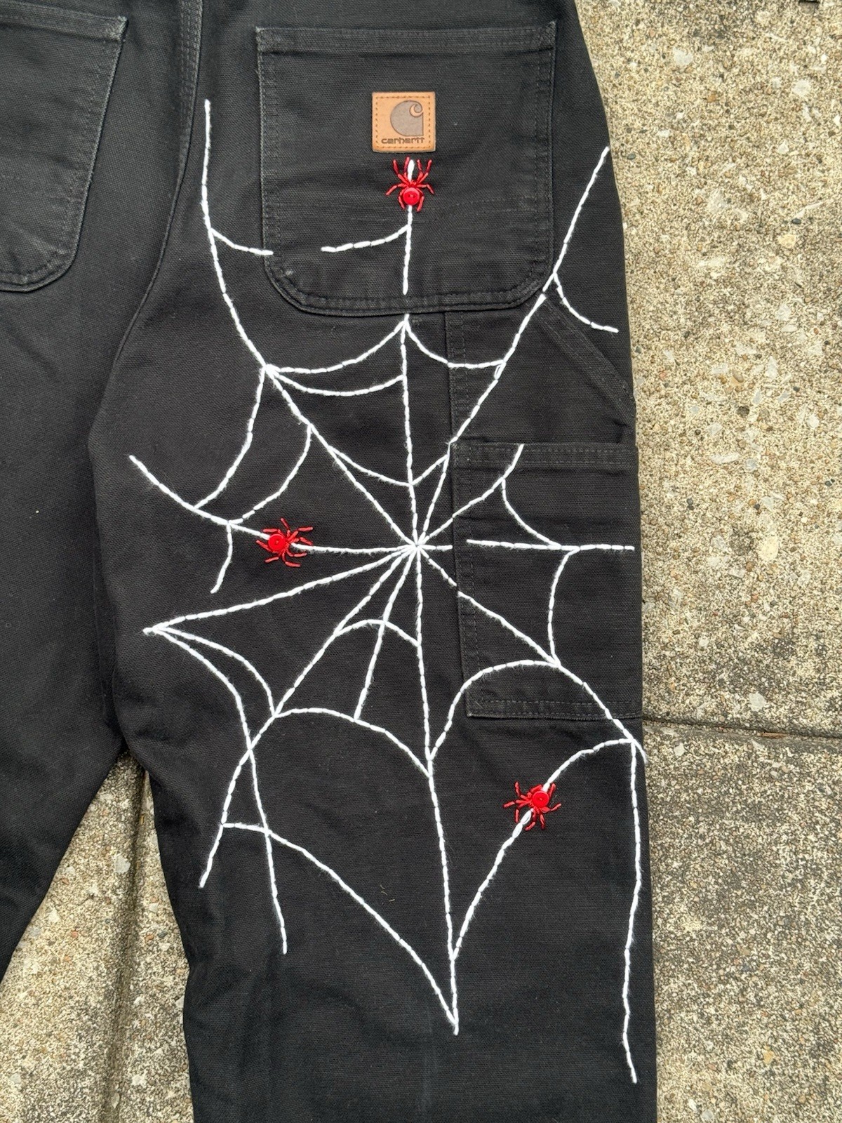 Custom Rework Carhartt Faded Black Jeans – Embroidered Spider Web Size 28×32