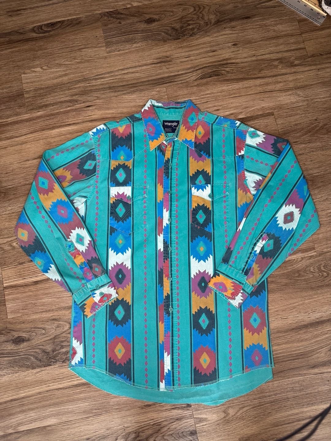 Vintage Wrangler Brushpopper Western Shirt Aztec Geometric Print Teal LongSleeve