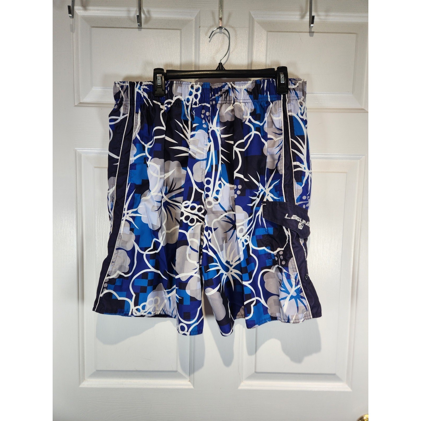 Men’s sz L Laguna Blue Tropical Patterned Swim Trunks Pockets