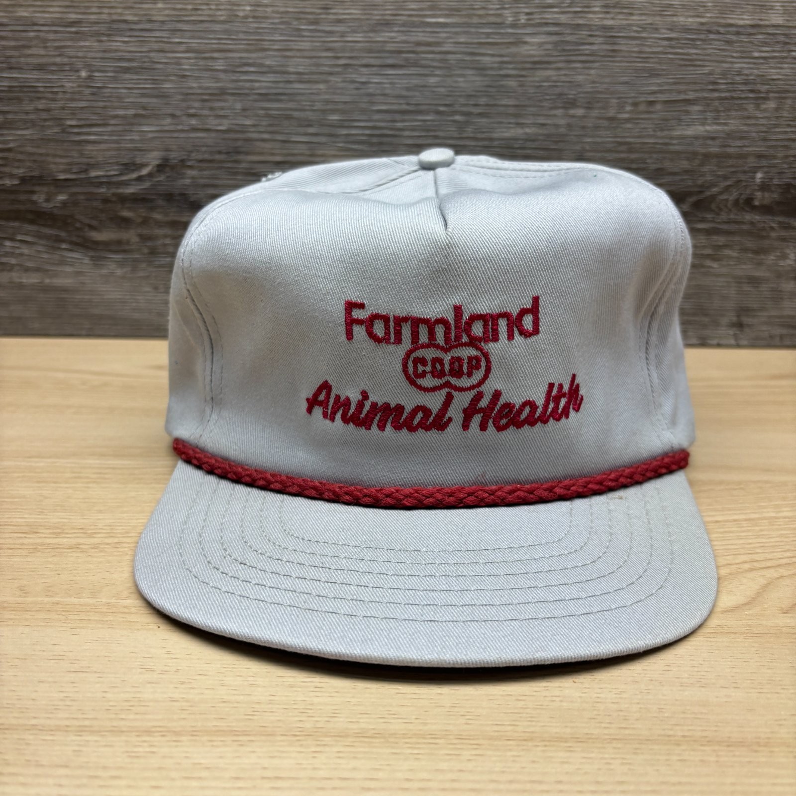 Vintage Farmland COOP Hat Cap Strap Back Gray Red Rope Animal Health Advertising