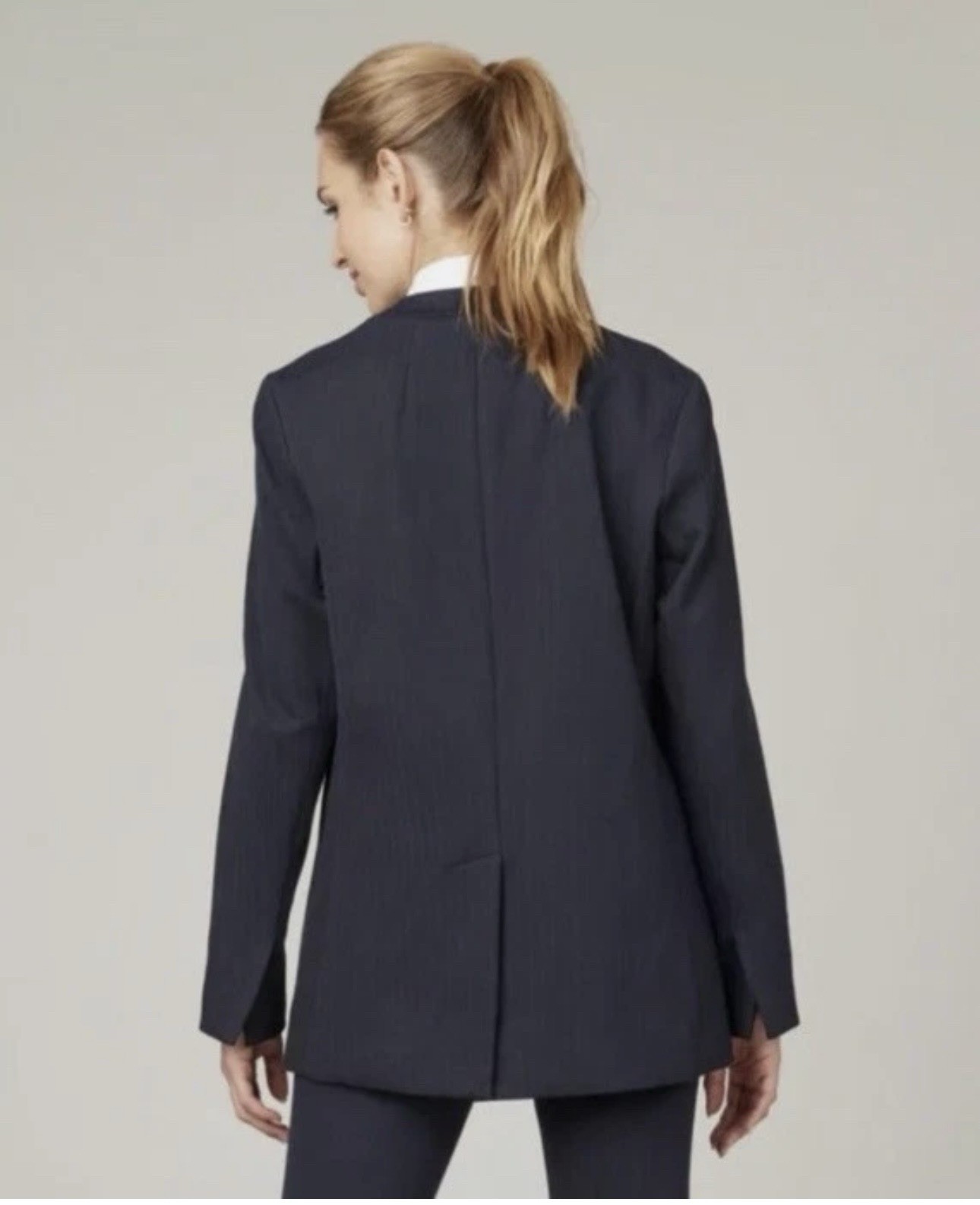 Spanx Perfect Collarless Blazer L Classic Navy Pinstripe Stretch Ponte Knit