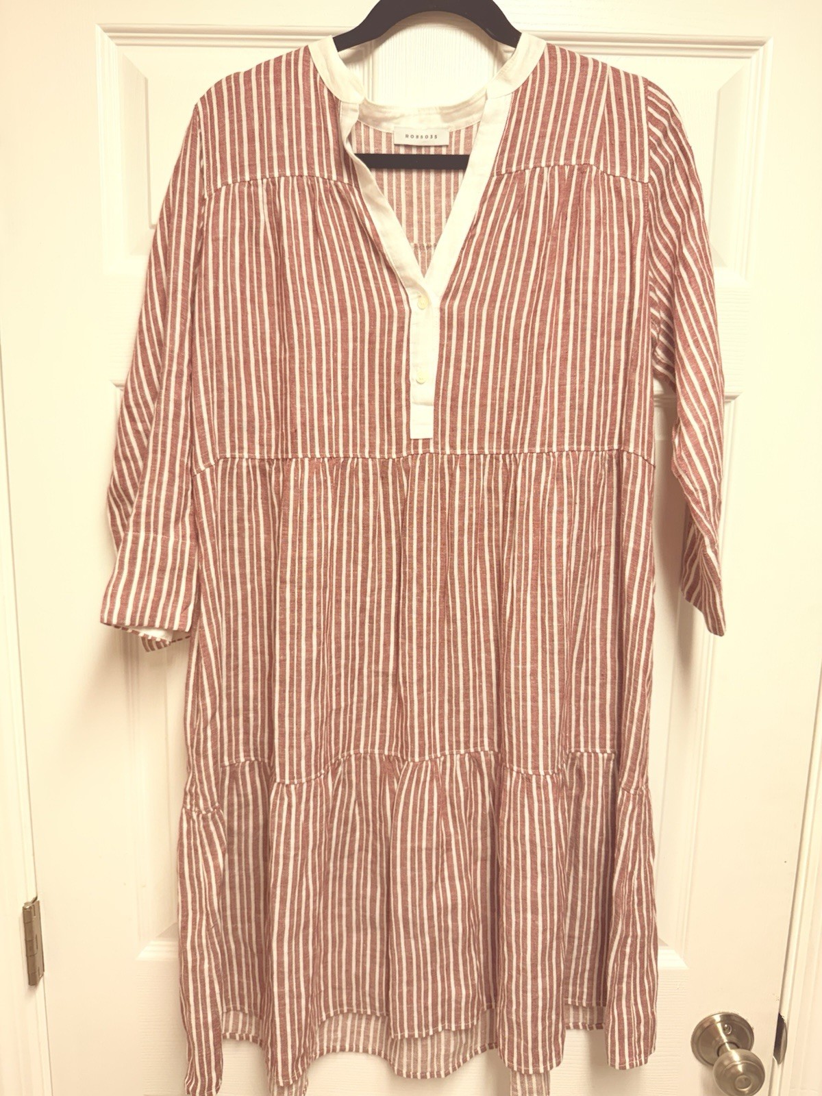 ROSSO35 Red Cotton Collared Midi Shirt Dress 3/4 Sleeve Button Pockets large