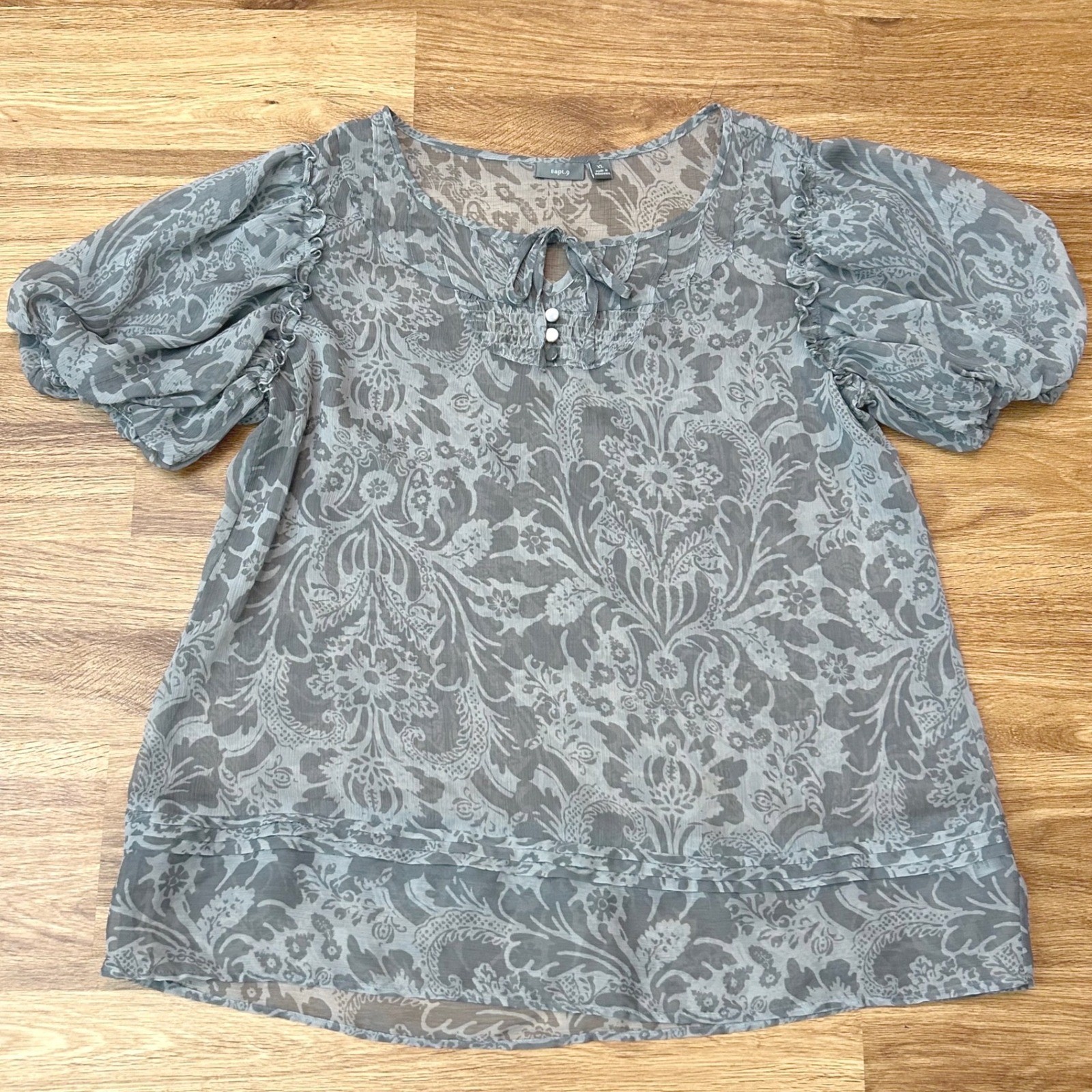 Womens Boho Sheer Puff Sleeve Blouse Grey Blue Paisley Romantic Apt 9 XL