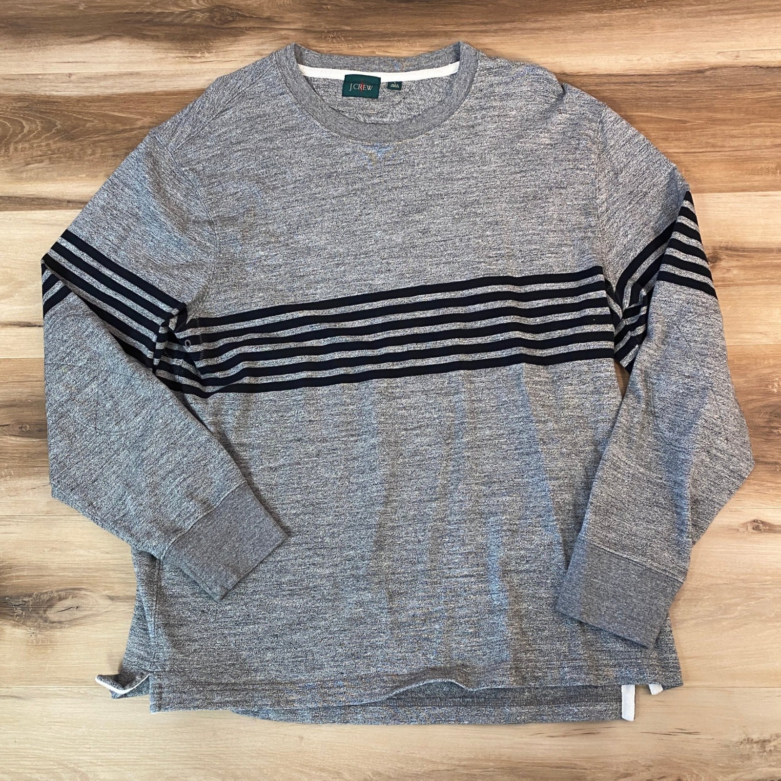 J Crew Rugby Shirt Mens Large Gray Long Sleeve Crew Neck Elbow Pads Striped