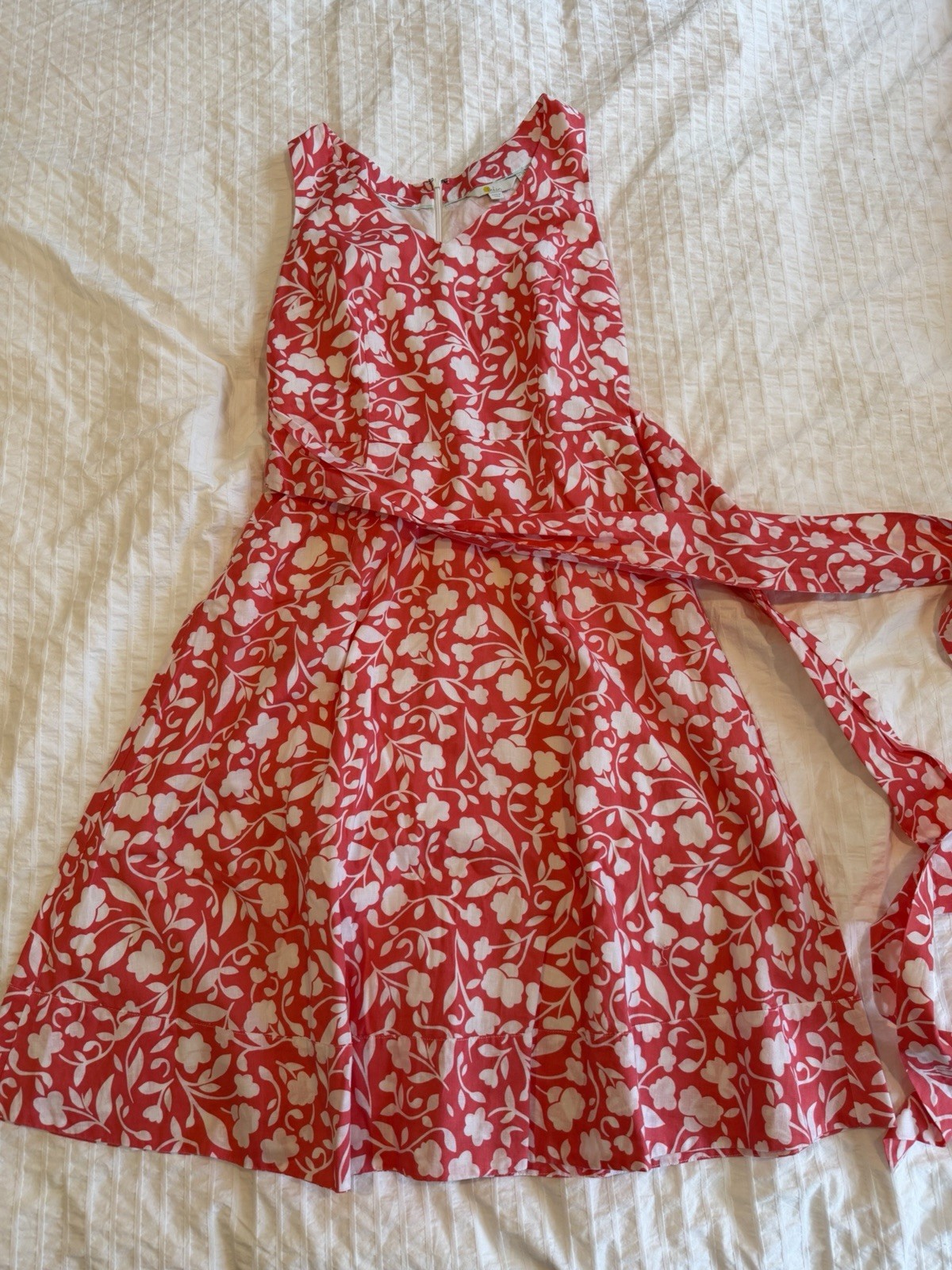 Boden Red And White Floral Dress Tied Around The Waist With Pockets Size 6R