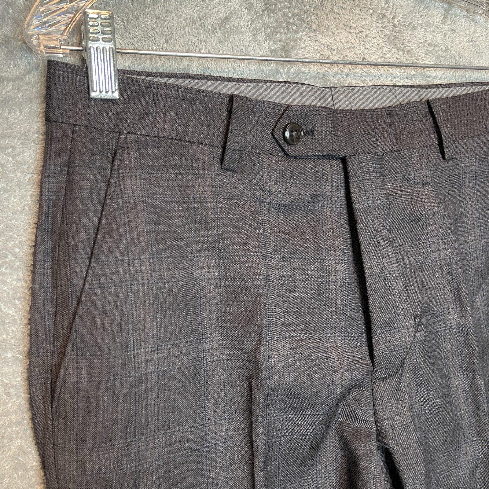 Michael Kors Mens Malone Classic Fit Plaid Wool Stretch Suit Pant Charcoal Brown