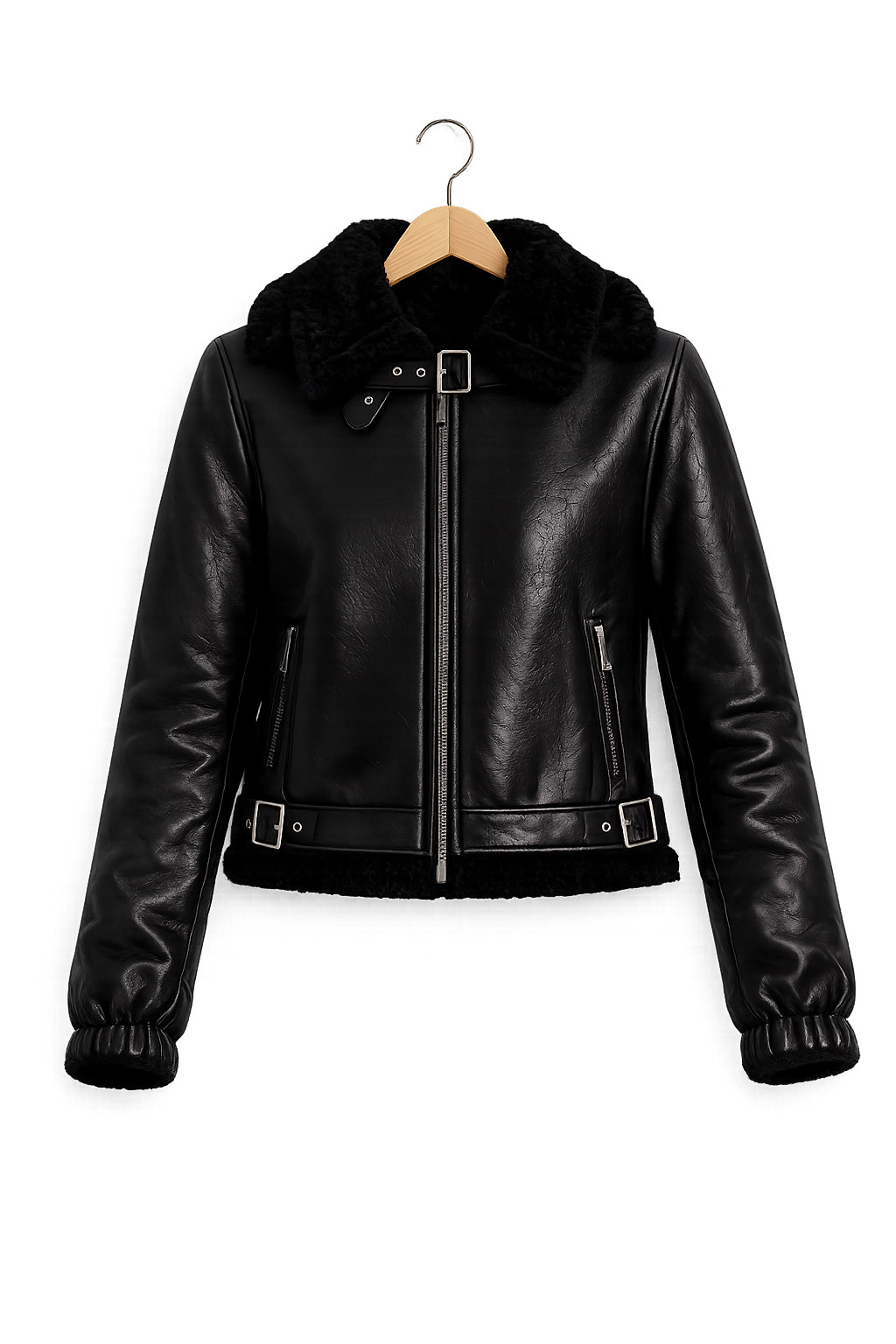 Women’s Black Faux Shearling Leather Jacket – Aviator Biker Winter Coat