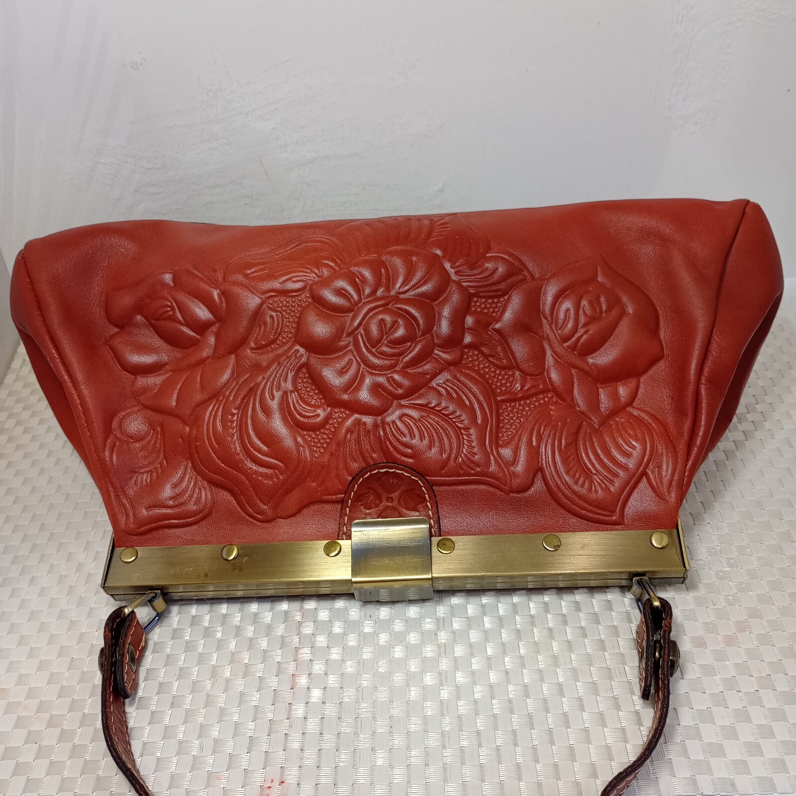 Patricia Nash Floral Embossed Cognac Leather bag Medium Brass Bottom Studs EUC