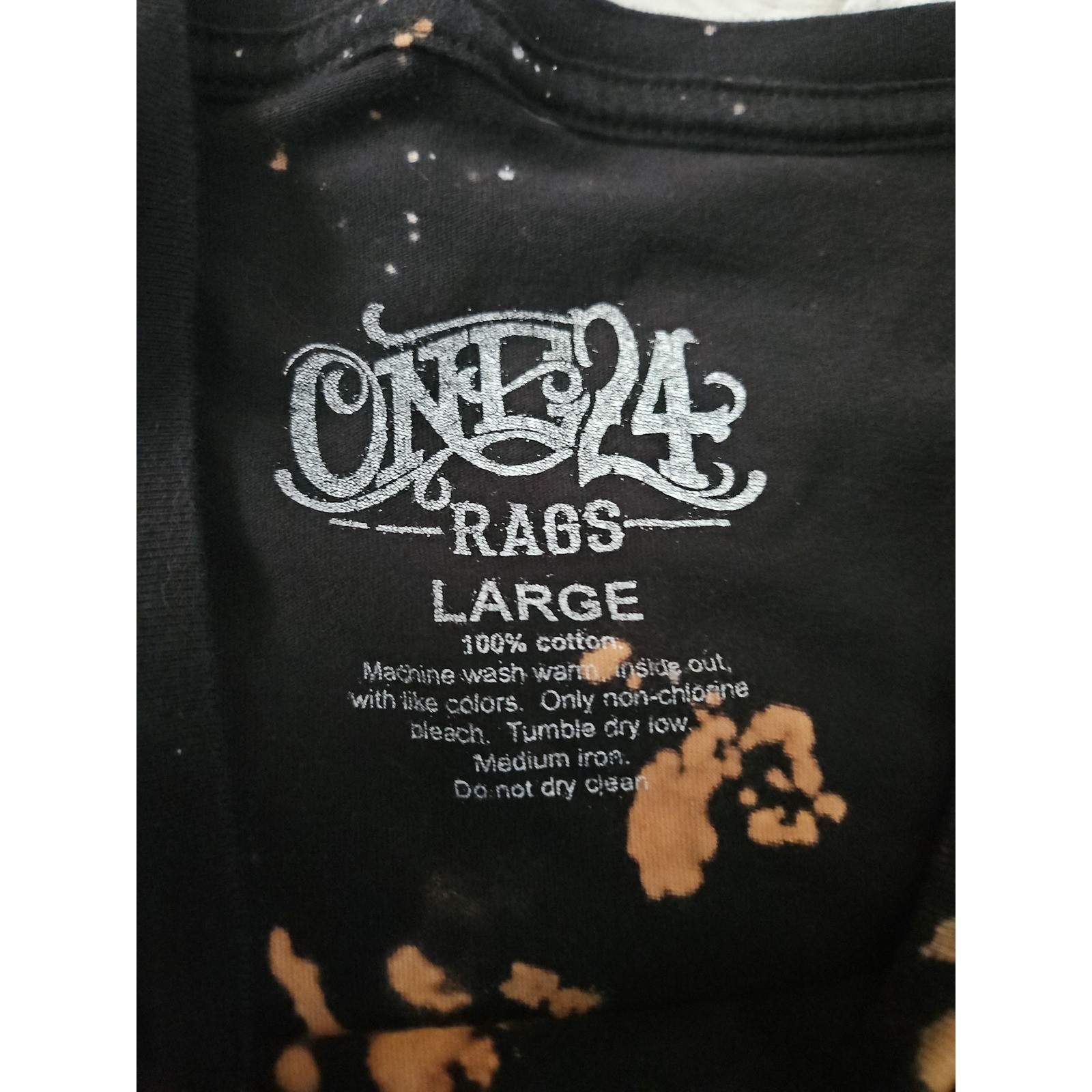 One24 Rags Bleached Thunderbird Graphic Tee Large Black Orange Acid Wash Grunge