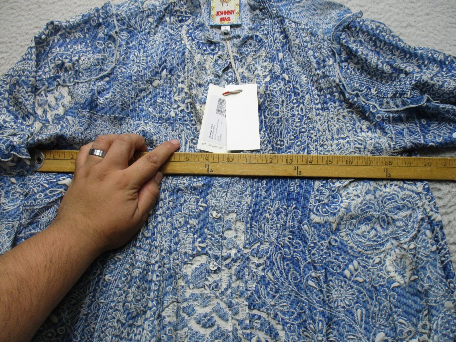 Johnny Was Blouse Womens Small Blue Zeeland Silk Floral Print Boho Tunic Top