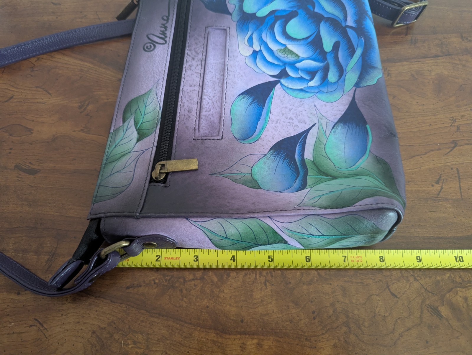 Anna Anuschka Hand Painted Medium Crossbody Purse Bag “Precious Peony Eggplant”