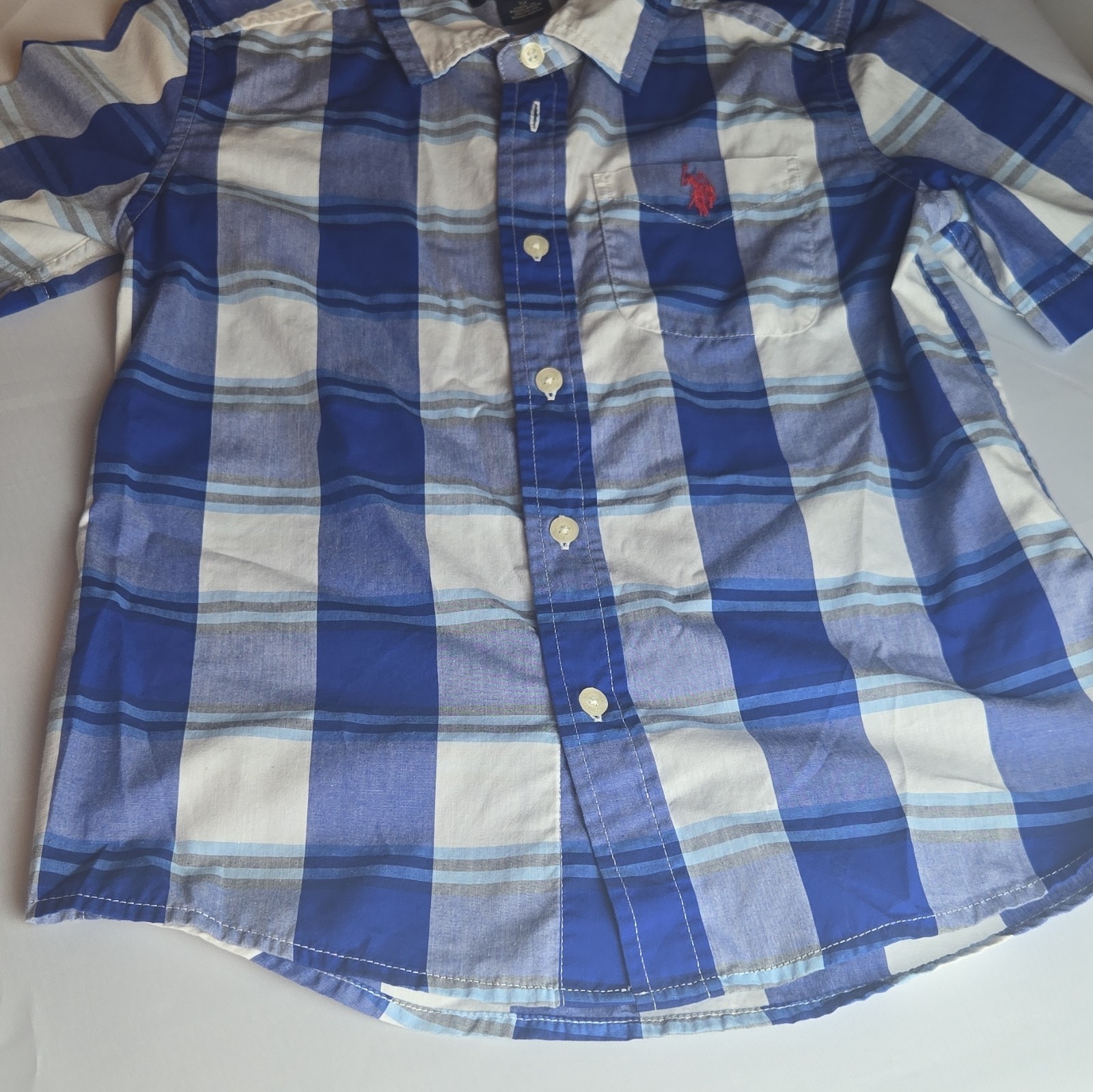 U.S. Polo Assn. Boys M (8) Blue/White Plaid Short Sleeve Collared Button-Up
