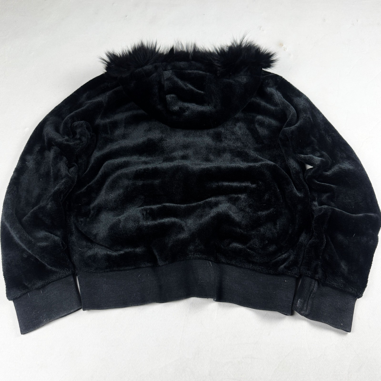 Mens Black Faux Fur Zip Jacket Plush Hooded Soft Y2K Winter Streetwear Cozy