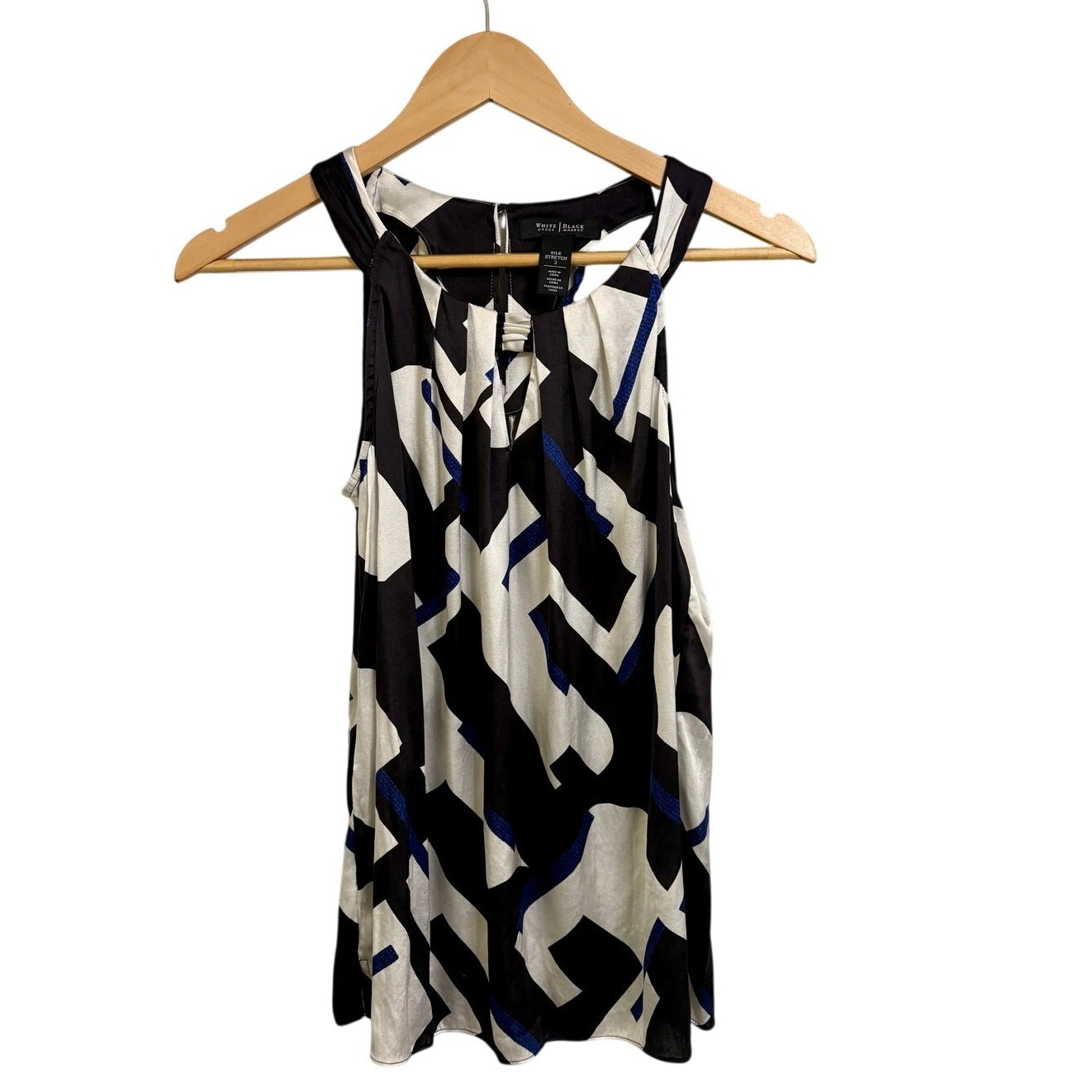 WHBM Silk Sleeveless Geometric White Black Blue Top | S