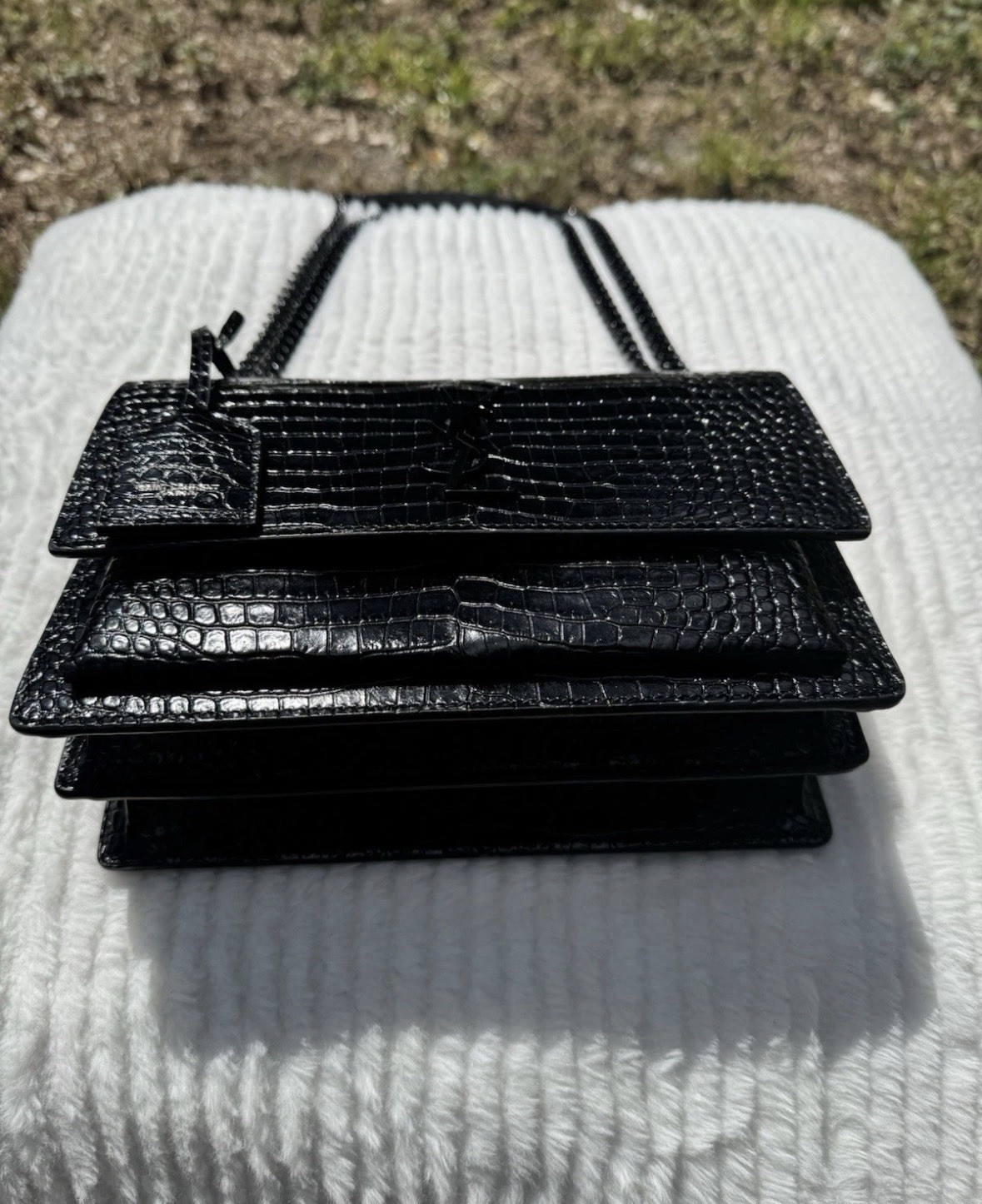 Saint Laurent Sunset Medium YSL Crossbody Bag in Croc-Emboassed Leather