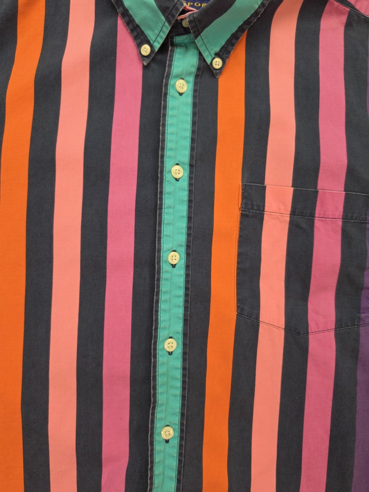 Norsport Button Down Shirt Rainbow Stripe Long Sleeve Cotton Large L Vintage