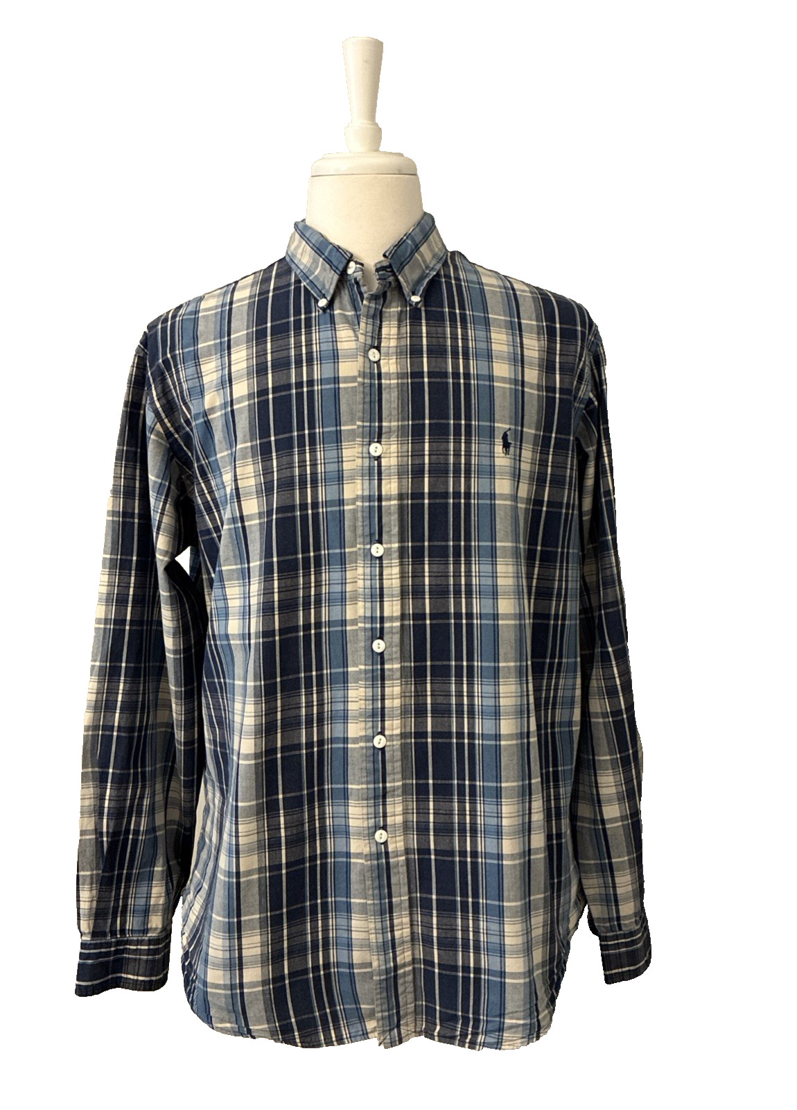 Ralph Lauren Custom Fit Blue White Plaid Long Sleeve Button Pony Shirt XXL