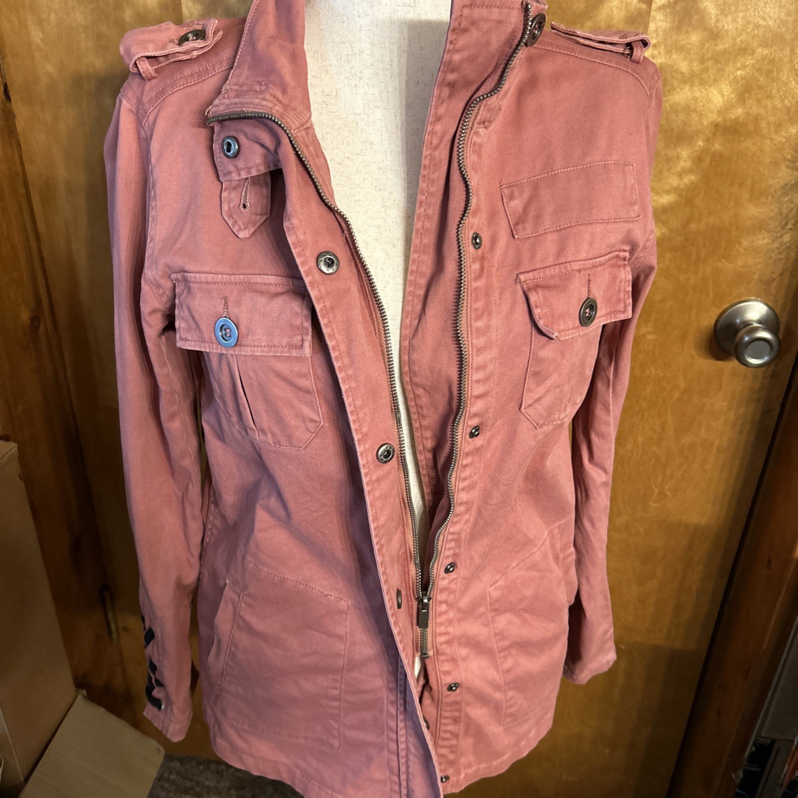 Kersh Utility Jacket Women’s M Lace Up Details Rose Snap Zipper Closure Medium