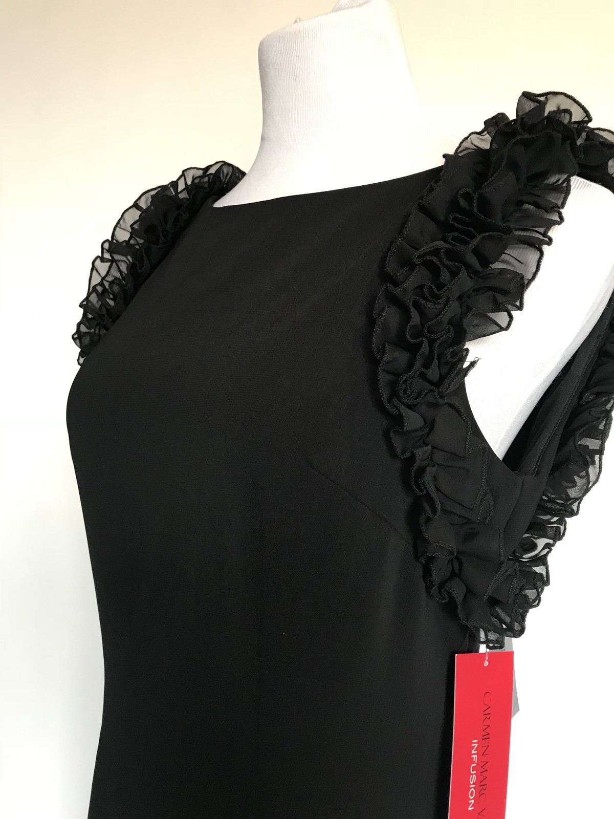 Carmen Marc Valvo Sz 8 Sheath Dress Black Ruffle Arms Retail $325 Price $148 NWT