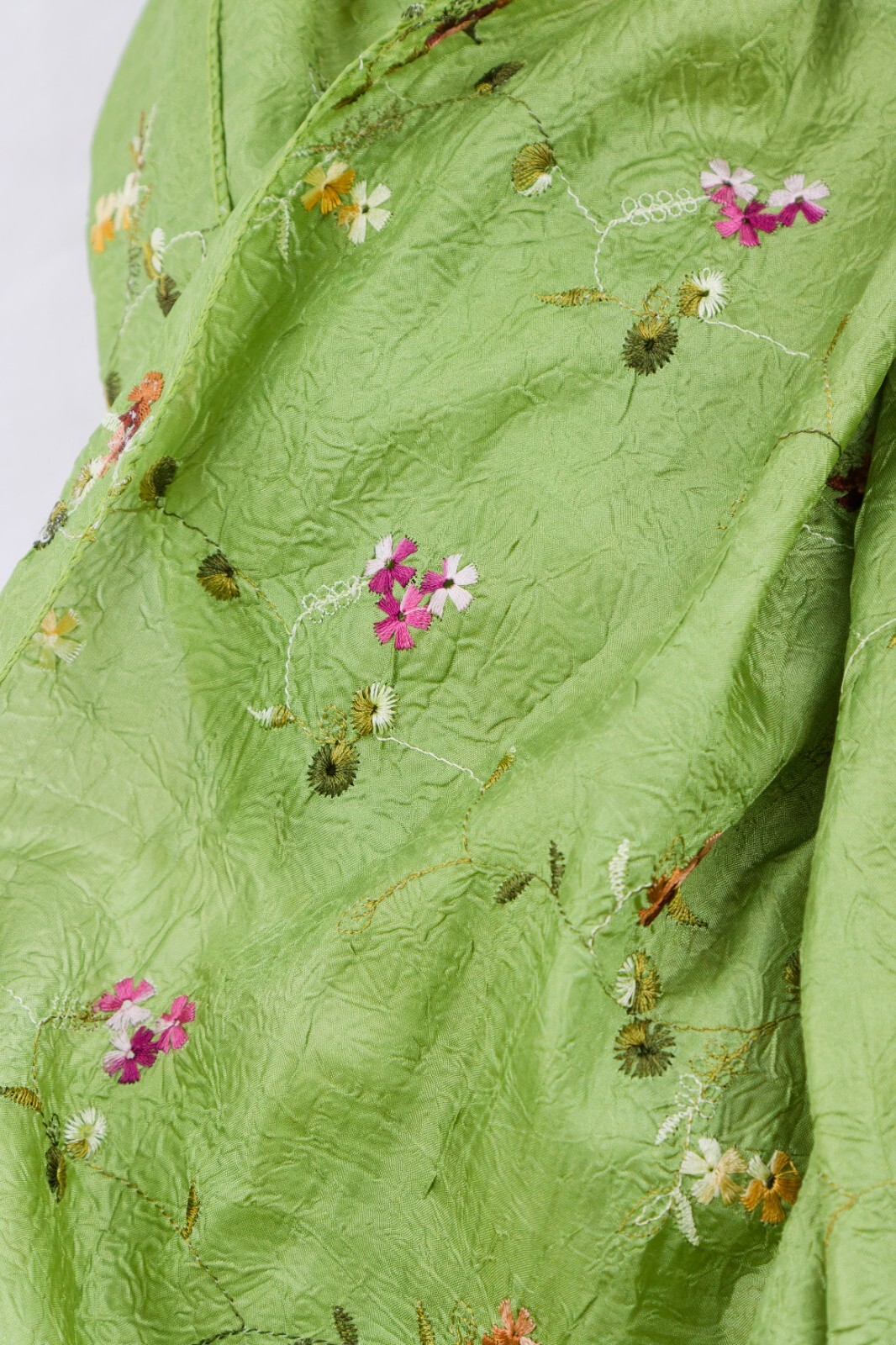 Crushed Shimmer Silk-Poly Blend Green Embroidered Floral Wrap Scarf, 25in x 64in