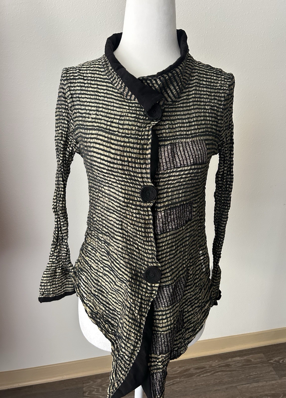 Deborah Cross Textile Artist Striped Crinkle Blouse Black Gold Art To Wear Goth