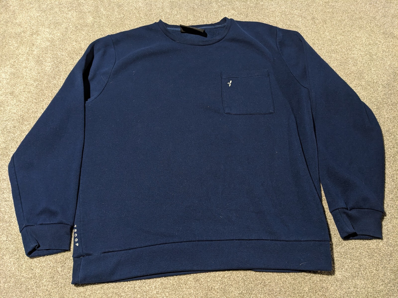 Troop Sweater Mens XL Sweatshirt Fleece Lined Crewneck Logo Spellout Navy Blue