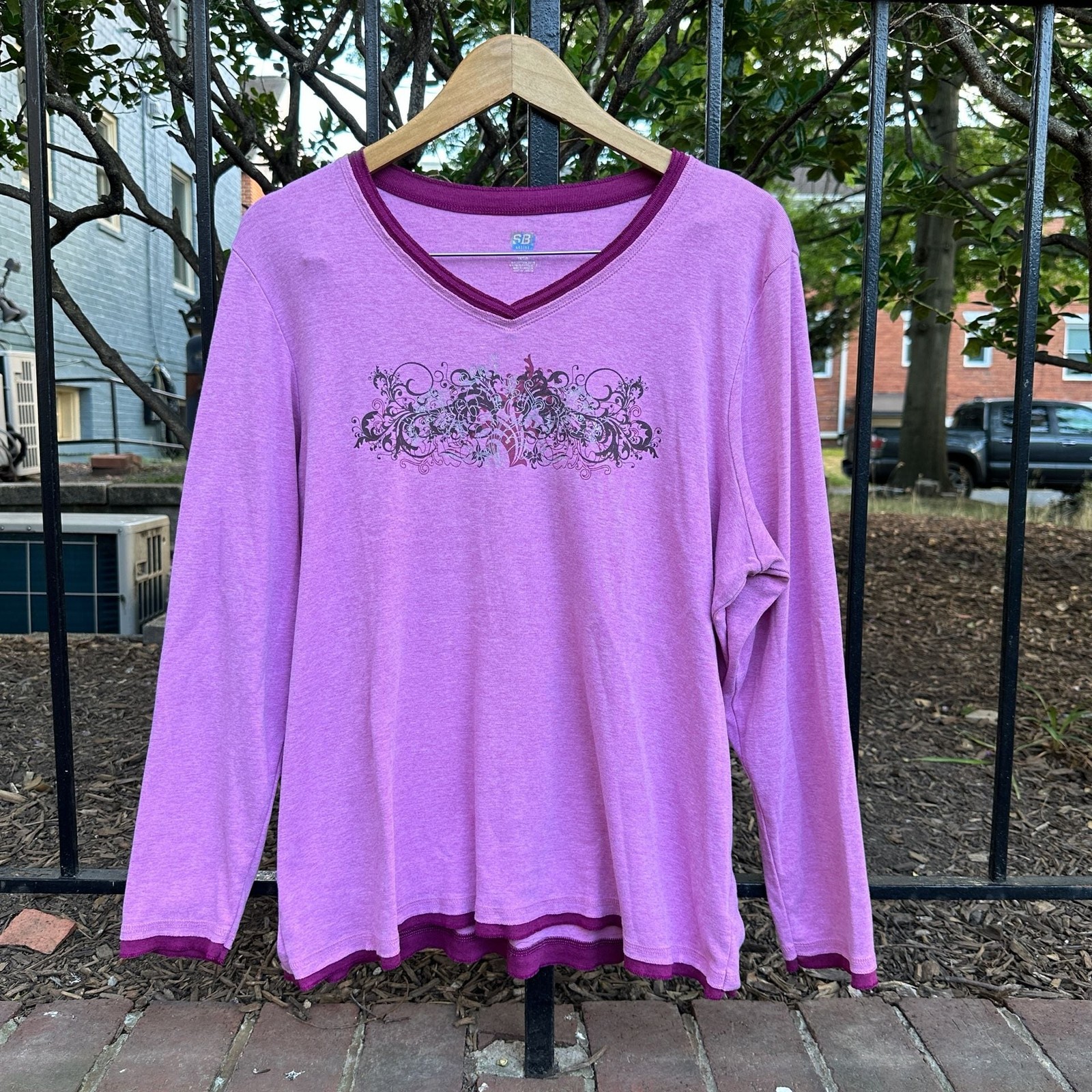 SB Active Purple Long Sleeve V-Neck Graphic Tee with Layered Look Trim