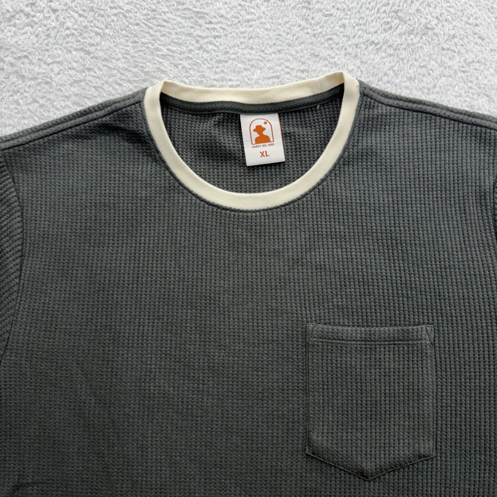 Dandy Del Mar Mens XL Waffle Knit Ringer T-Shirt Charcoal Grey Cream Pocket Tee