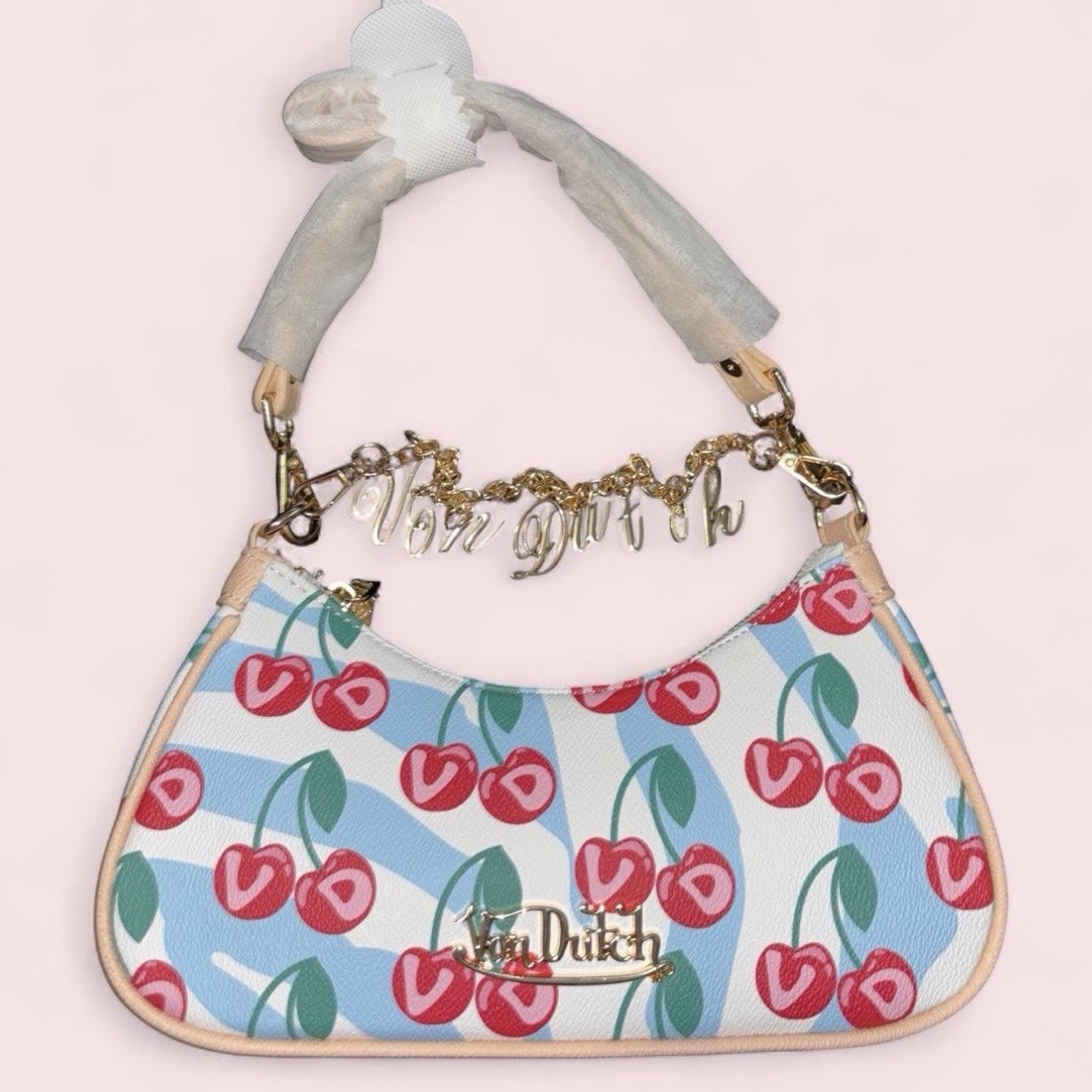 Von Dutch Cherry Print Shoulder Bag Zip Gold Hardware Chain Strap Bag Charm