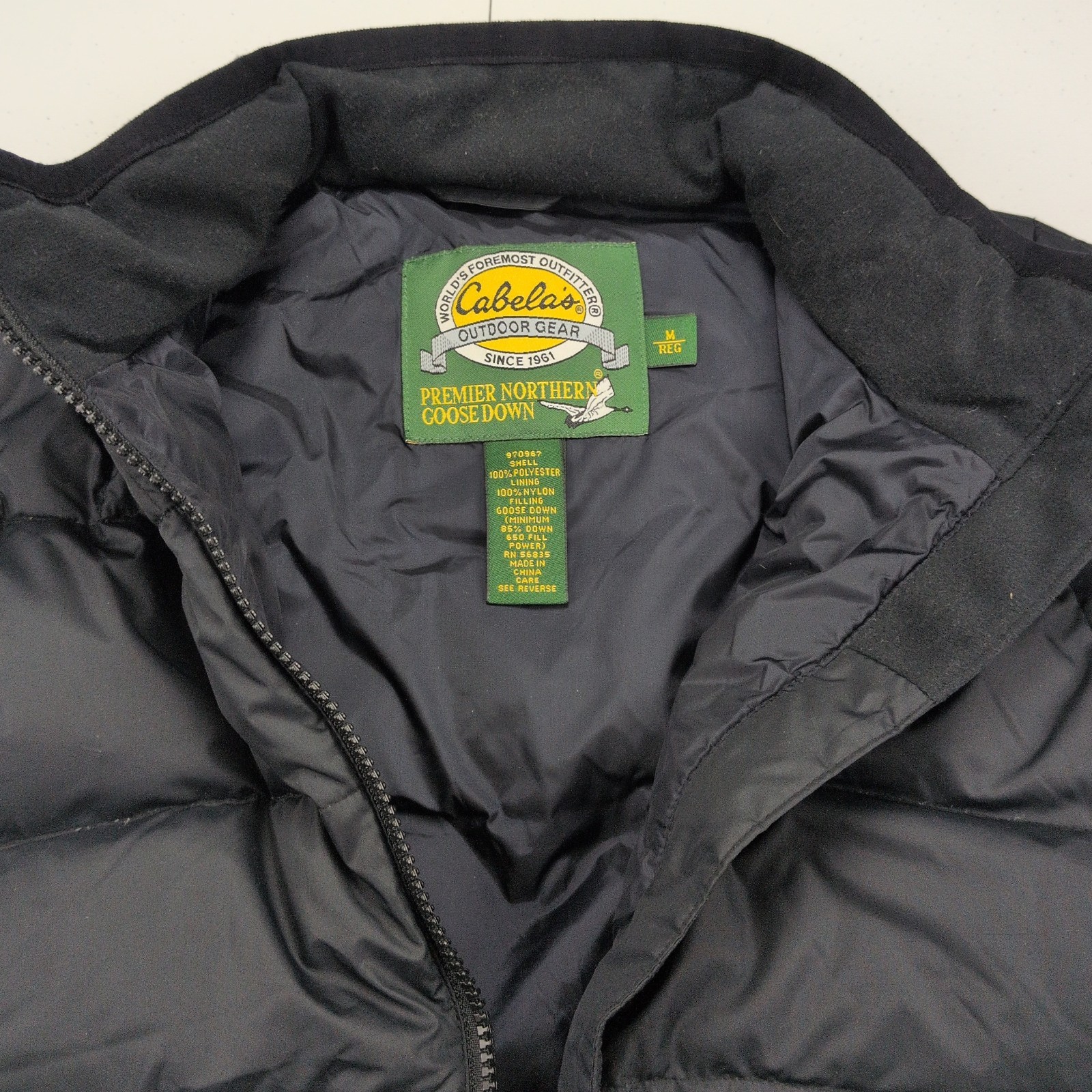 Cabelas Premier Northern Goose Down Black Puffer Zip Vest Jacket 650 Mens MReg