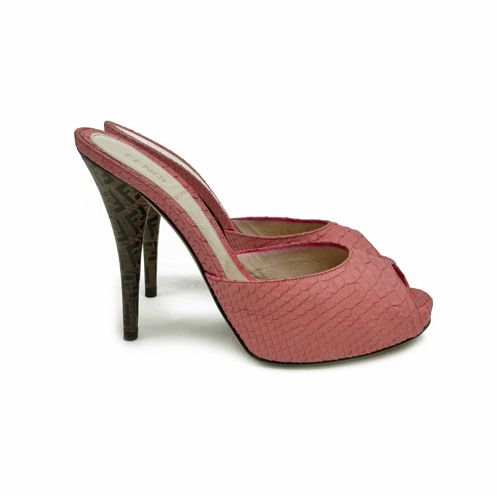 Fendi Zucca Print Heel Coral Pink Snakeskin Peep Toe Mules US: 8,5 / EUR: 38,5