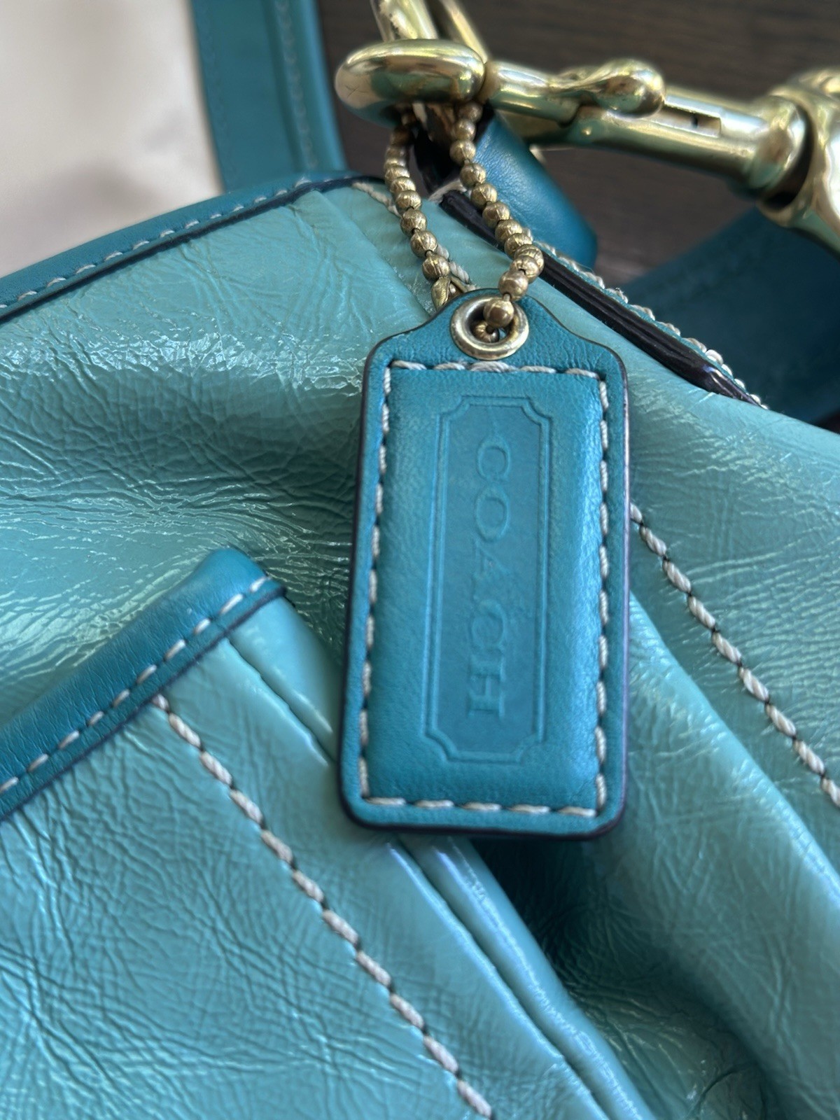 🦋Vintage COACH Ali Turquoise Legacy Patent Leather Turnlock Shoulder Bag f13370