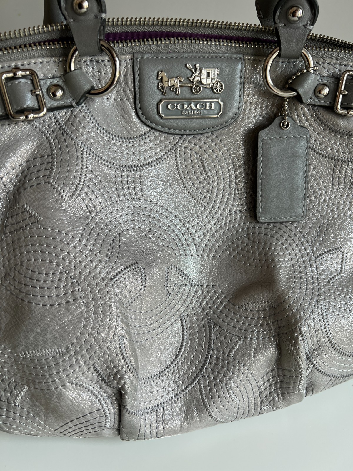 Coach 18624 Madison Sophia Stitched OpArt Satchel Handbag Satin Silver Metallic