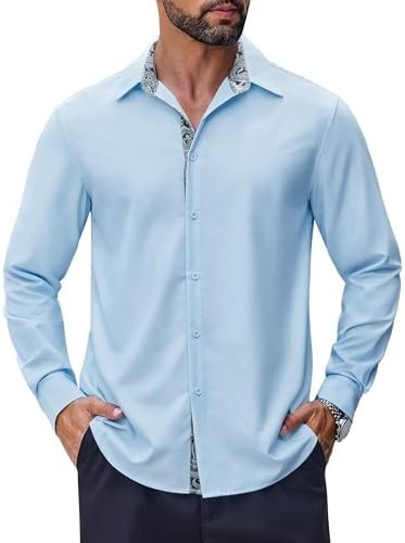 Coofandy Men’s Long Sleeve Wrinkle Mens Free Dress Shirts Inner Contrast