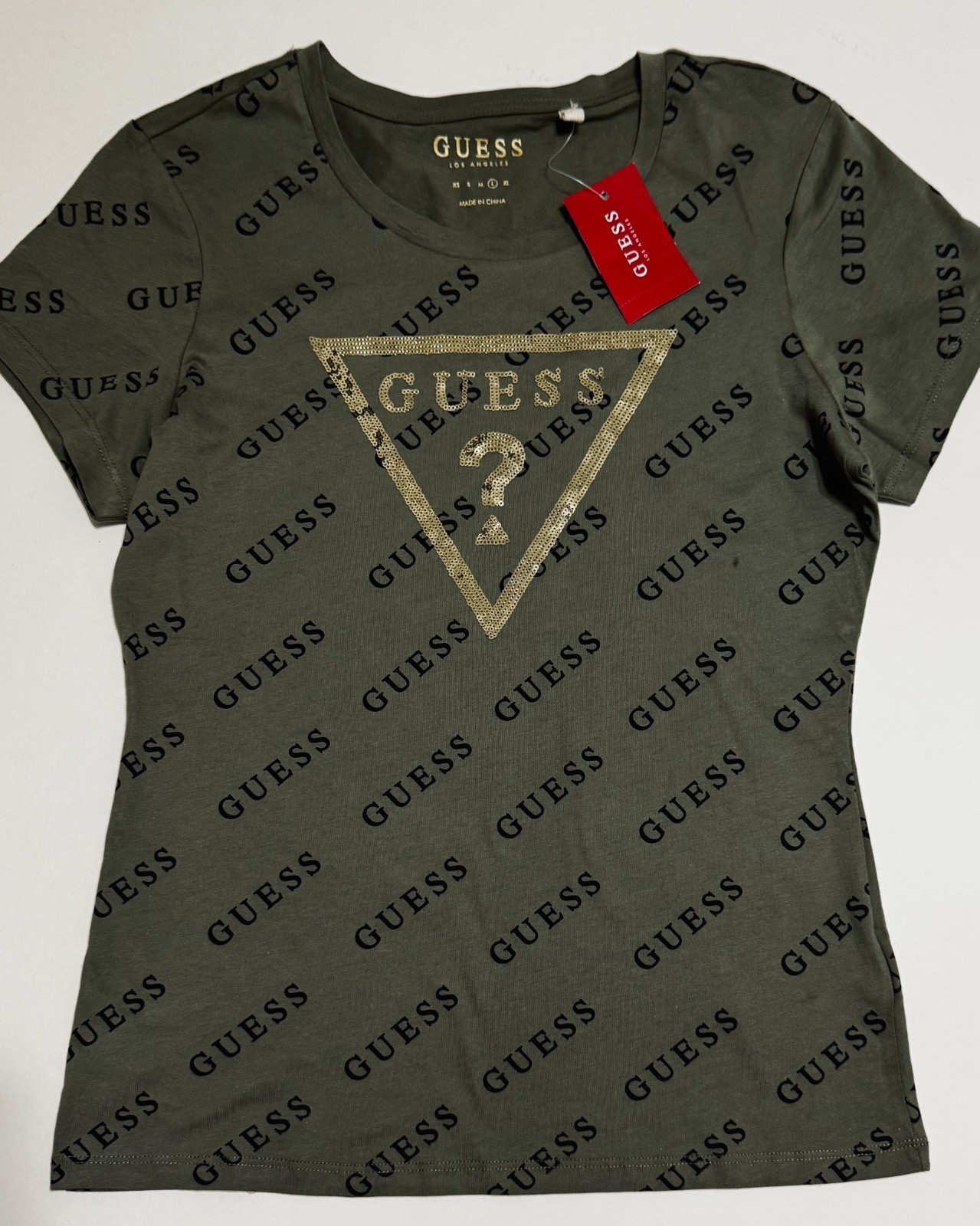Guess Women’s Dolores All Over Print Logo Crew Tee Size Large Sand Dollar